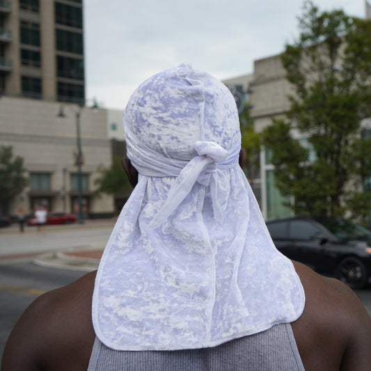 Back view of model wearing velvet durag
