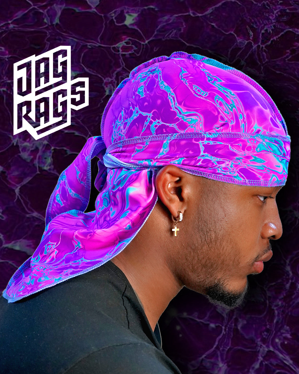 Profile view of model wearing Plasma durag