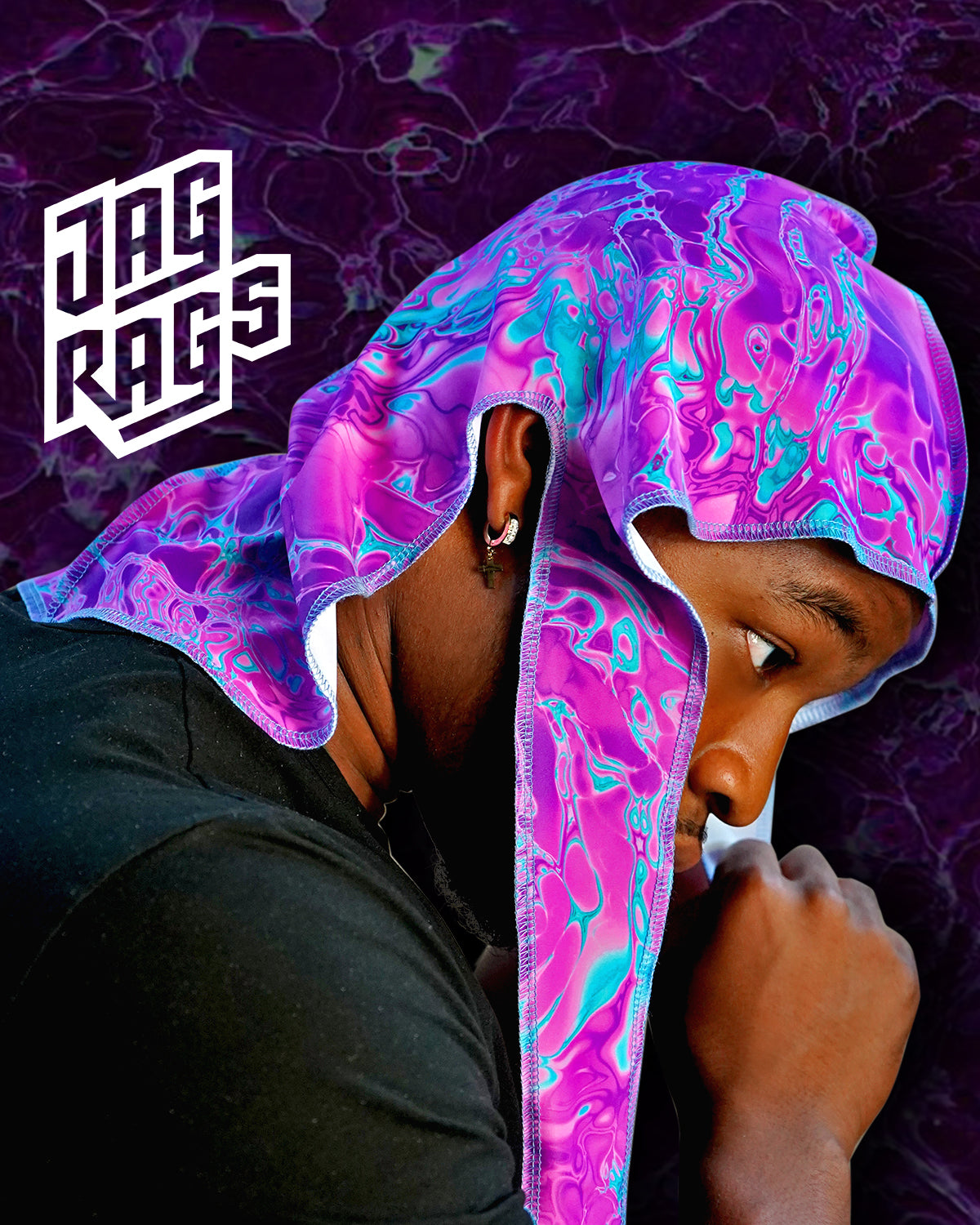 A  model getting ready to tie durag onto head