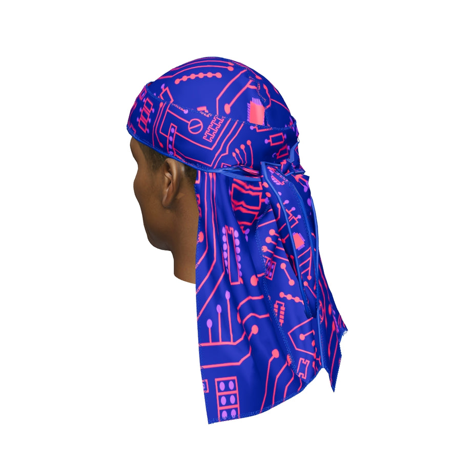 “Digital Blue and Red” Ultra Wave Super Satin Silky Durag