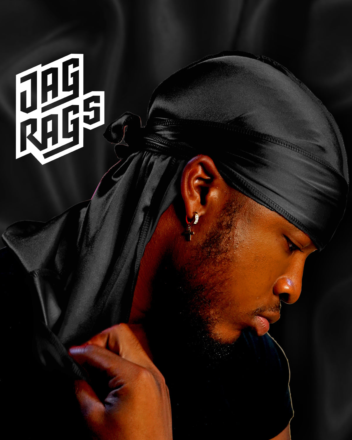 Profile view of black, silk durag