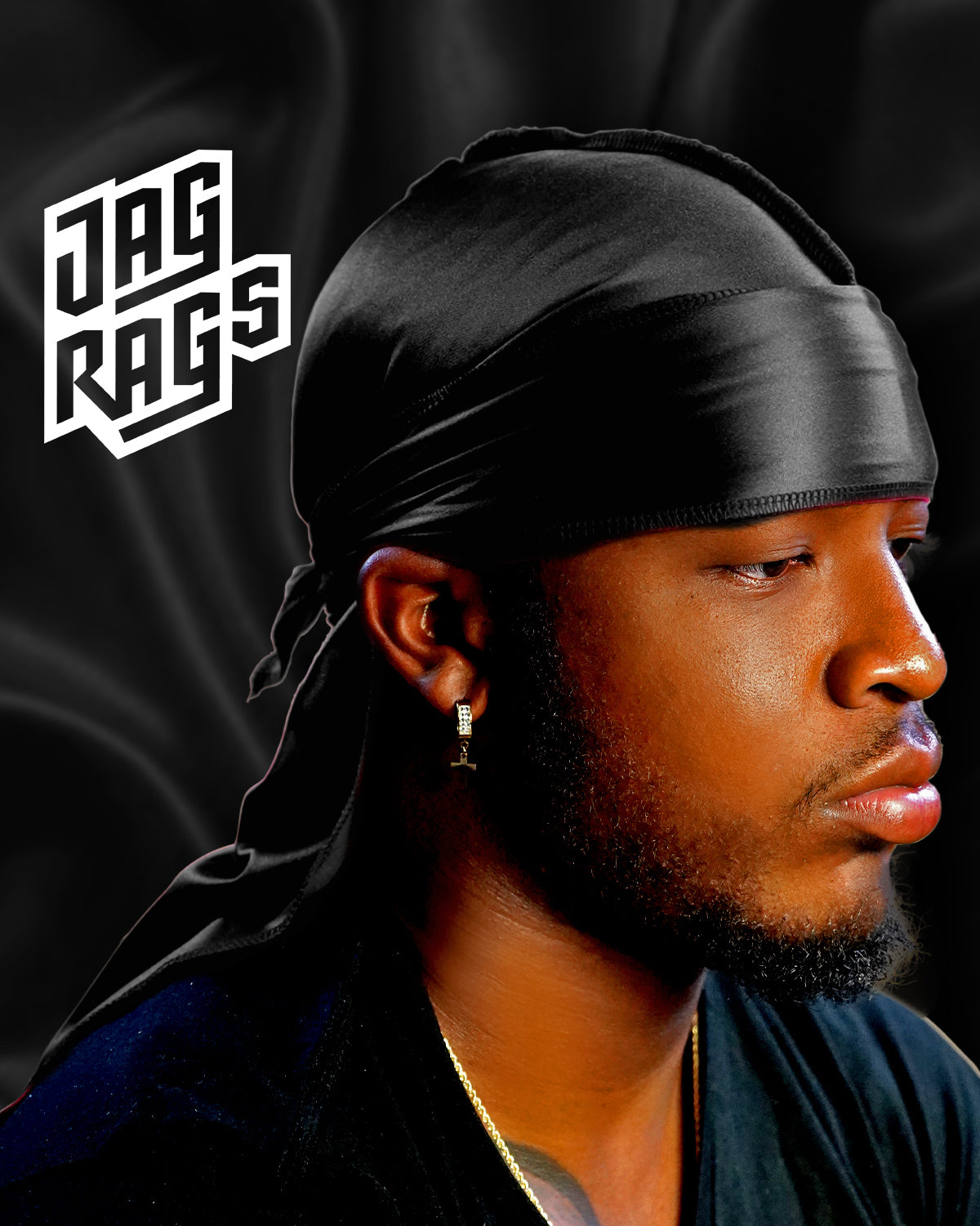 Model wearing black, silk durag